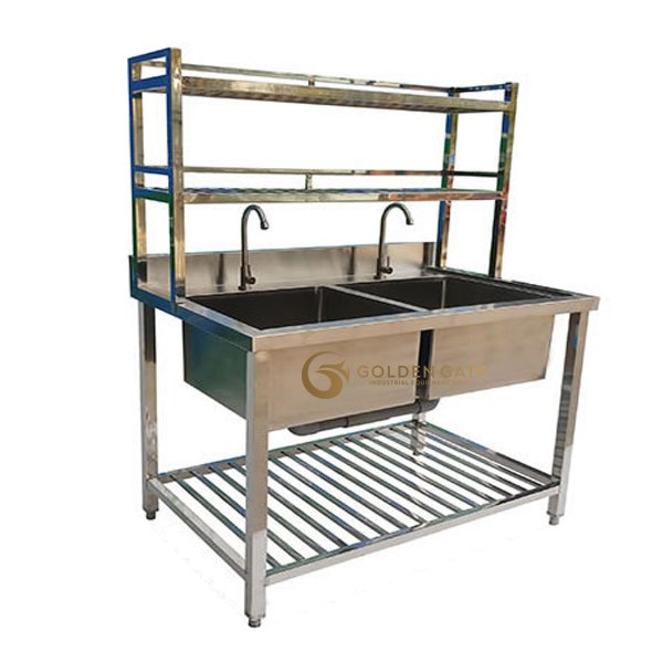 Chậu rửa đôi công nghiệp có nan giá phía trên